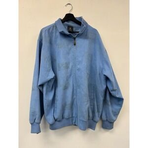 Vintage Money Allover Print Bomber Jacket Mens Large Faux Suede Zip Blue 90s Y2K
